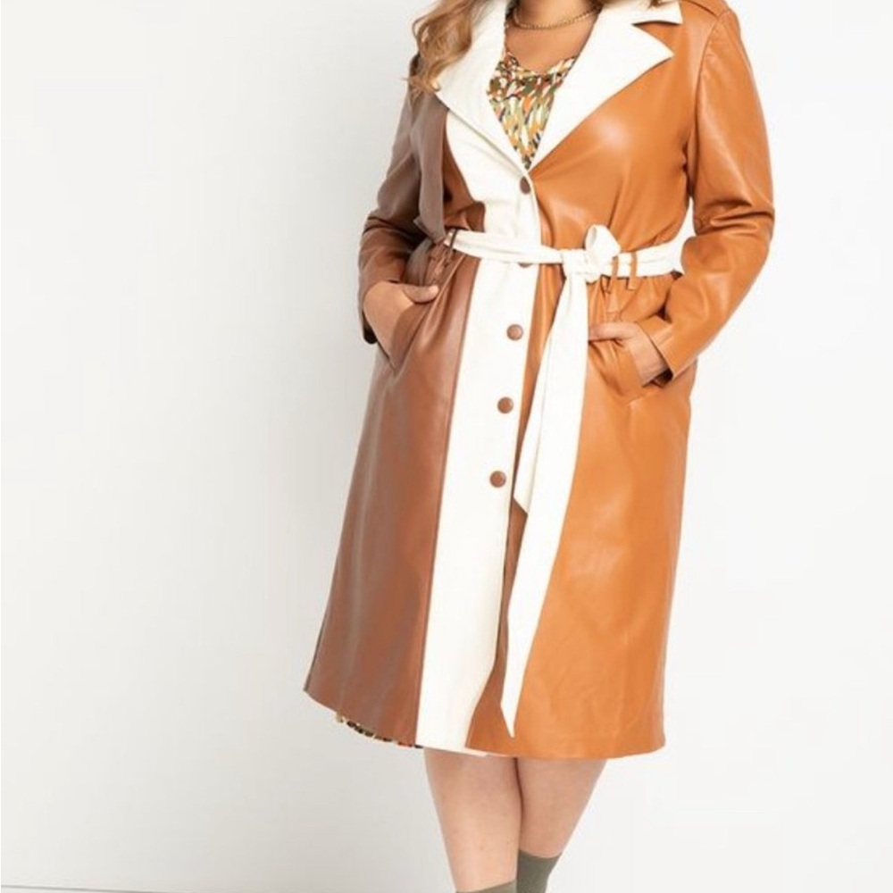 Eloquii Tan and Cream Faux Leather Trench Coat